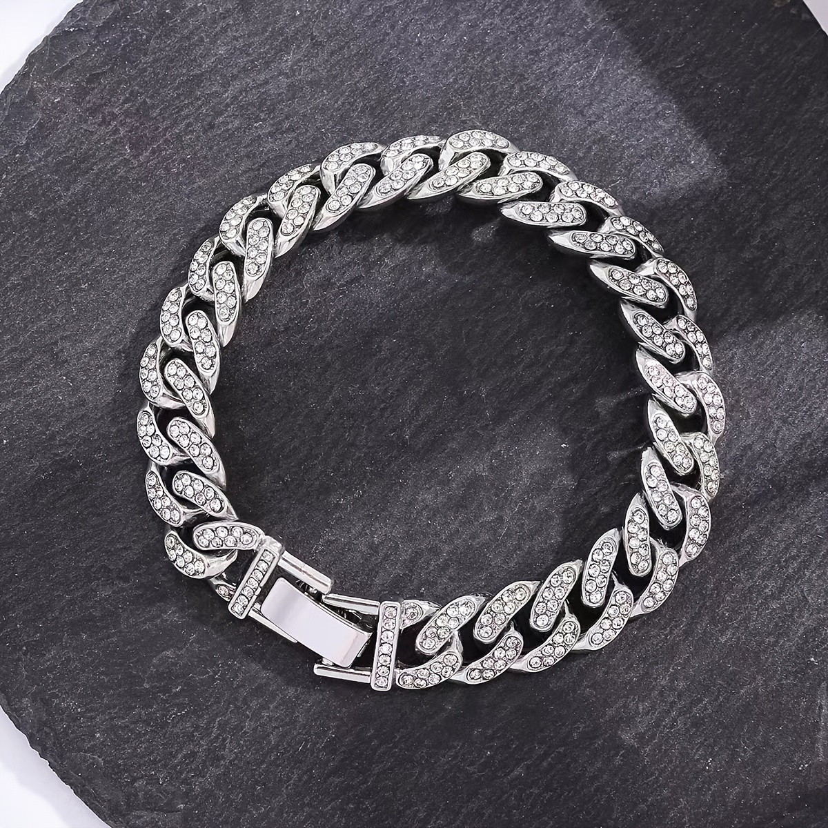 12mm Cuban Link Bracelet Silver Plated Rhinestone Hip Hop Jewelry